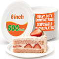 500 Pack Small Paper Plates 6 Inch, 100% Compostable Heavy Duty Dessert Plates, Unbleached Biodegradable Disposable Plate Made from Bagasse and Bamboo Fiber, for Party, Picnic & Daily Use-White