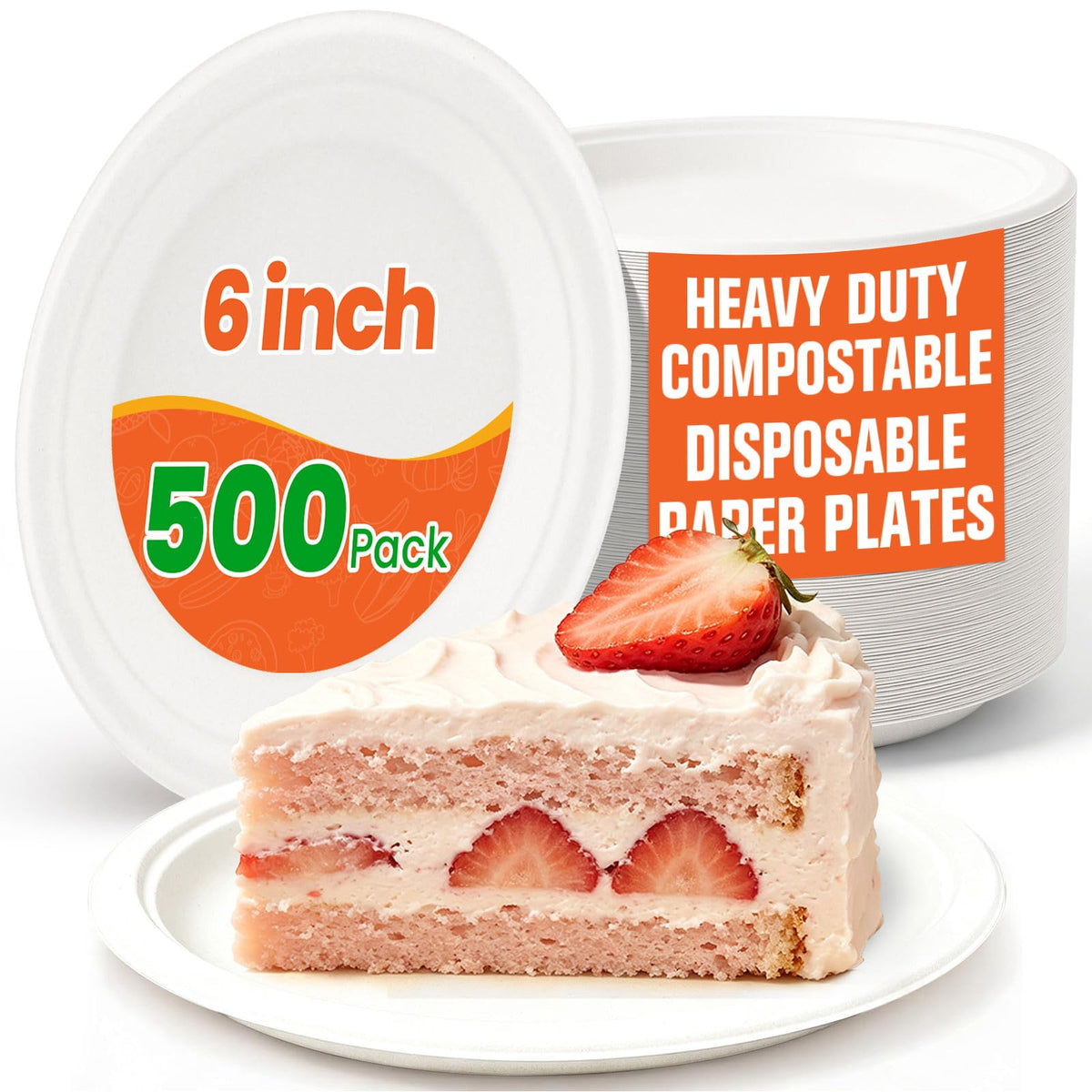 500 Pack Small Paper Plates 6 Inch, 100% Compostable Heavy Duty Dessert Plates, Unbleached Biodegradable Disposable Plate Made from Bagasse and Bamboo Fiber, for Party, Picnic & Daily Use-White