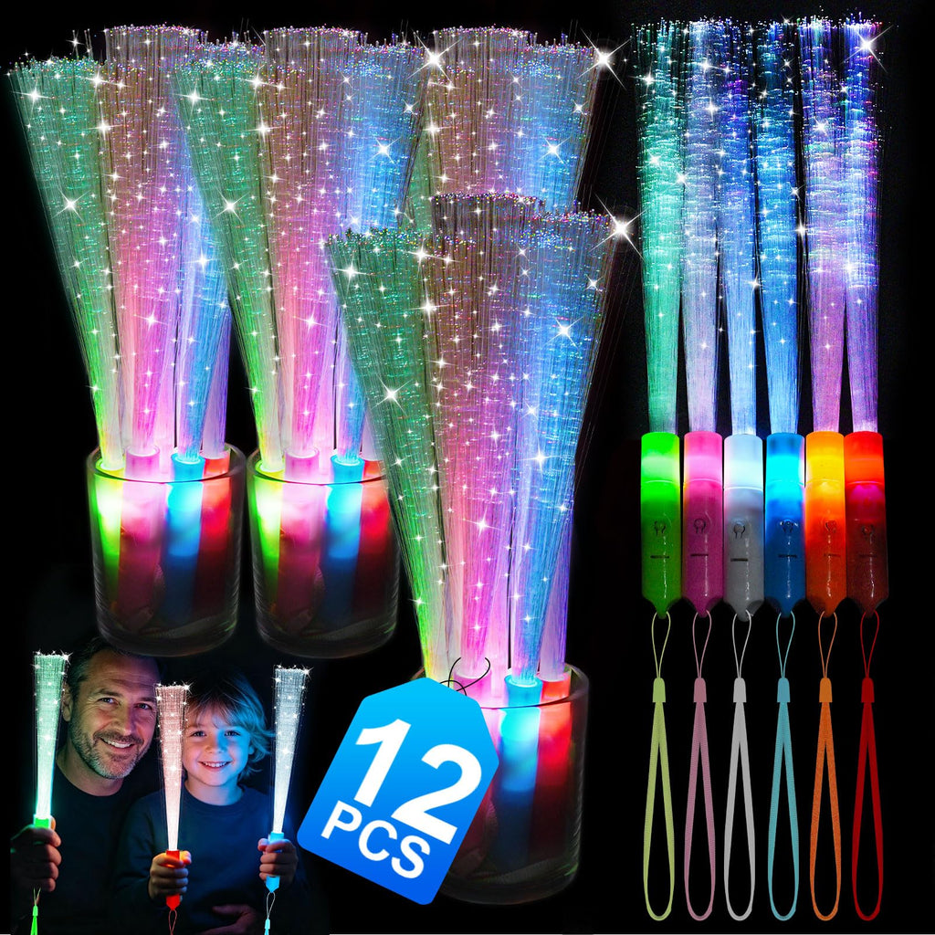 12 Pack Fiber Optic Wand, Glow in The Dark Party Supplies for Kids Glow Sticks Bulk Party Pack, Light Up Wand for July 4th, Wedding, Halloween, Birthday, New Year, Boys and Girls