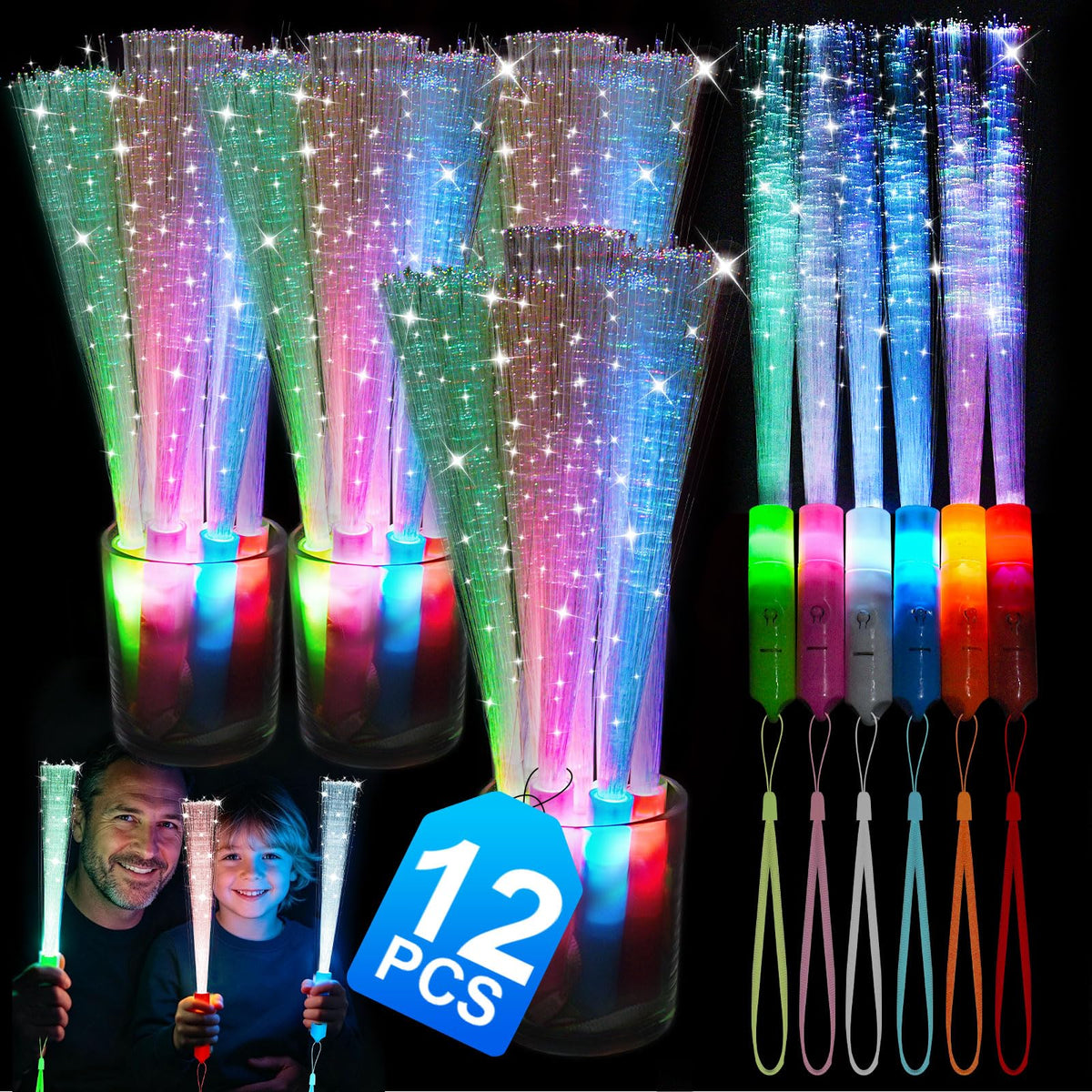 12 Pack Fiber Optic Wand, Glow in The Dark Party Supplies for Kids Glow Sticks Bulk Party Pack, Light Up Wand for July 4th, Wedding, Halloween, Birthday, New Year, Boys and Girls
