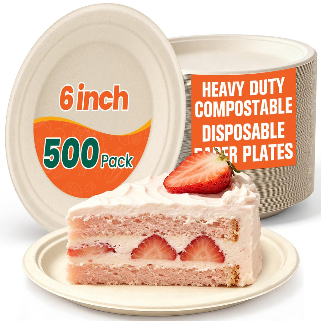500 Pack Small Paper Plates 6 Inch, 100% Compostable Heavy Duty Dessert Plates, Unbleached Brown Biodegradable Disposable Plate Made from Bagasse and Bamboo Fiber, for Party, Picnic & Daily Use