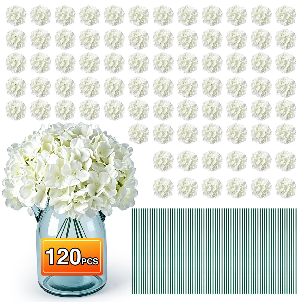120PCS White Hydrangea Artificial Flowers, Faux Hydrangeas Fake Flowers