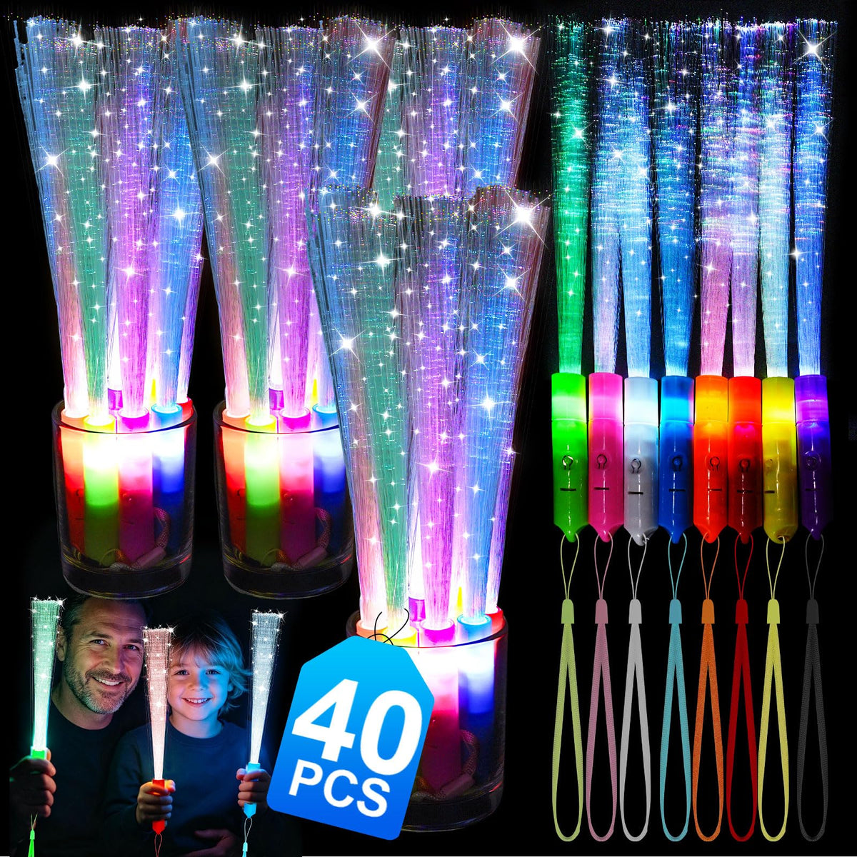 40 Pack Fiber Optic Wand, Glow in The Dark Party Supplies for Kids Glow Sticks Bulk Party Pack, Light Up Wand for July 4th, Wedding, Halloween, Birthday, New Year, Boys and Girls