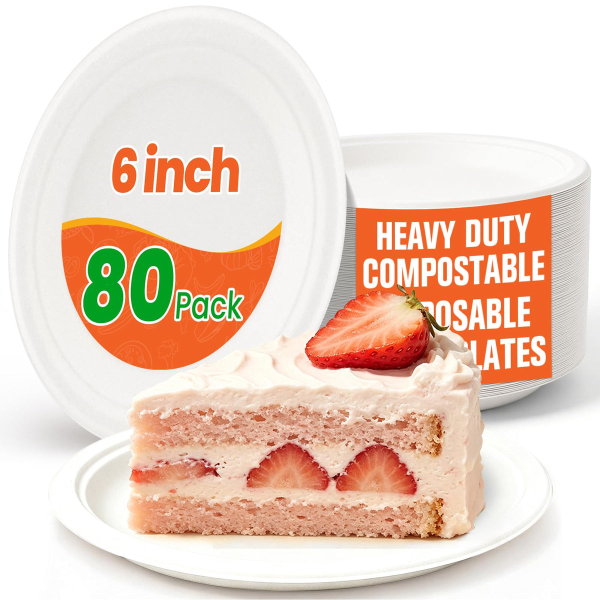 80 Pack Small Paper Plates 6 Inch, 100% Compostable Heavy Duty Dessert Plates, Unbleached Biodegradable Disposable Plate Made from Bagasse and Bamboo Fiber, for Party, Picnic & Daily Use-White