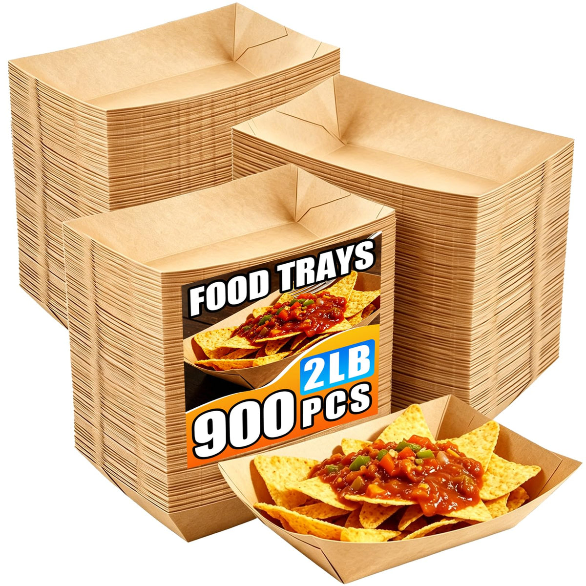 900 Pack 2LB Paper Food Trays, Heavy-Duty Disposable Kraft Paper Food Boats,Serving Basket Tray for Fries Nachos Snacks Hot Dog Taco Popcorn, Food Holder Trays for BBQ Party Picnic Wedding