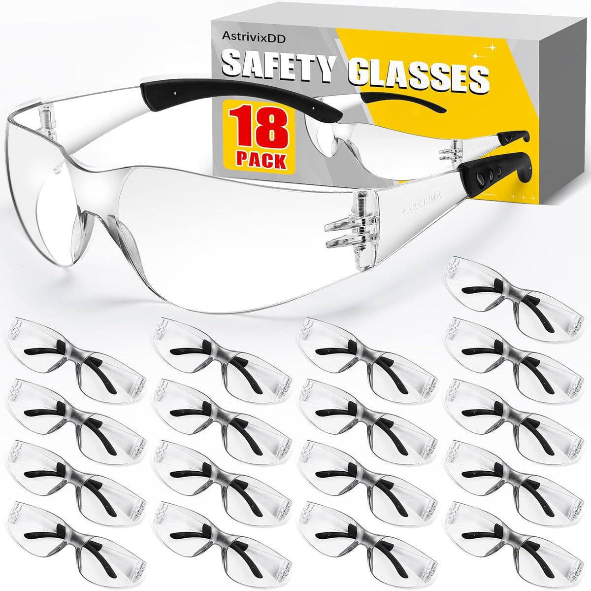 18 Pack Clear Safety Glasses, ANSI Z87.1 Scratch Resistant Safety Glasses Bulk for Men Women, Clear Impact Resistant Eye Protection Glasses for Work, Lab, Construction, Lightweight