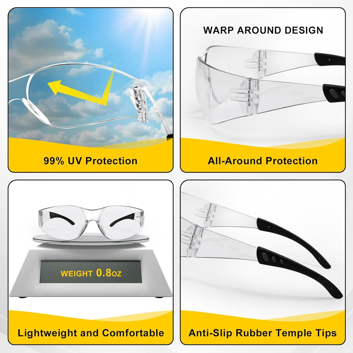 18 Pack Clear Safety Glasses, ANSI Z87.1 Scratch Resistant Safety Glasses Bulk for Men Women, Clear Impact Resistant Eye Protection Glasses for Work, Lab, Construction, Lightweight