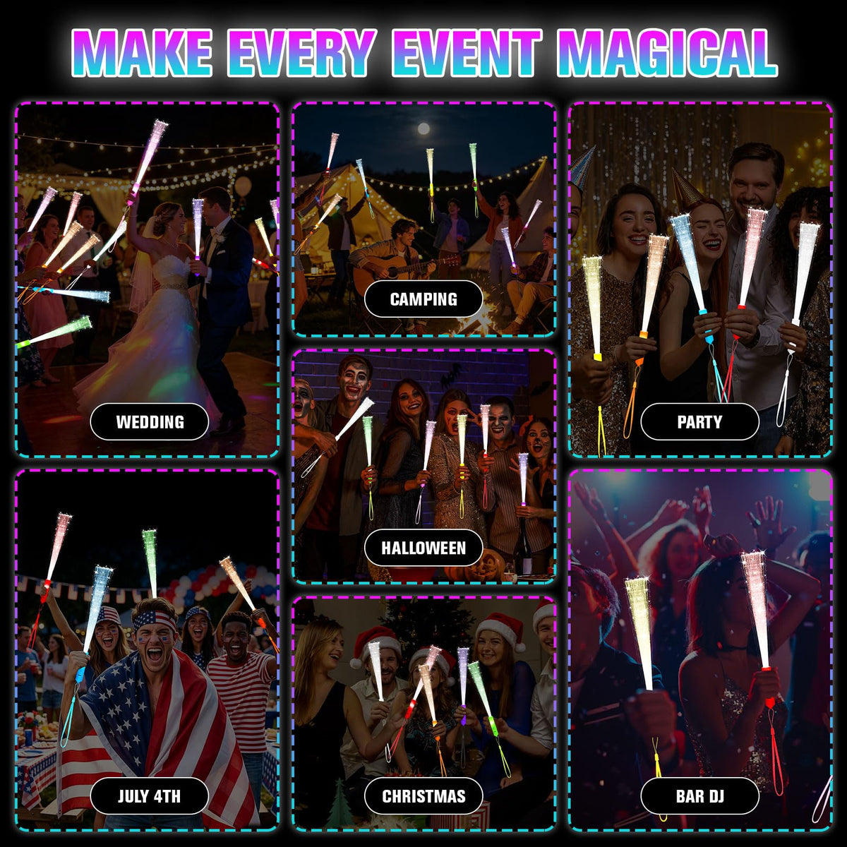 12 Pack Fiber Optic Wand, Glow in The Dark Party Supplies for Kids Glow Sticks Bulk Party Pack, Light Up Wand for July 4th, Wedding, Halloween, Birthday, New Year, Boys and Girls