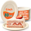 80 Pack Small Paper Plates 6 Inch, 100% Compostable Heavy Duty Dessert Plates, Unbleached Brown Biodegradable Disposable Plate Made from Bagasse and Bamboo Fiber, for Party, Picnic & Daily Use