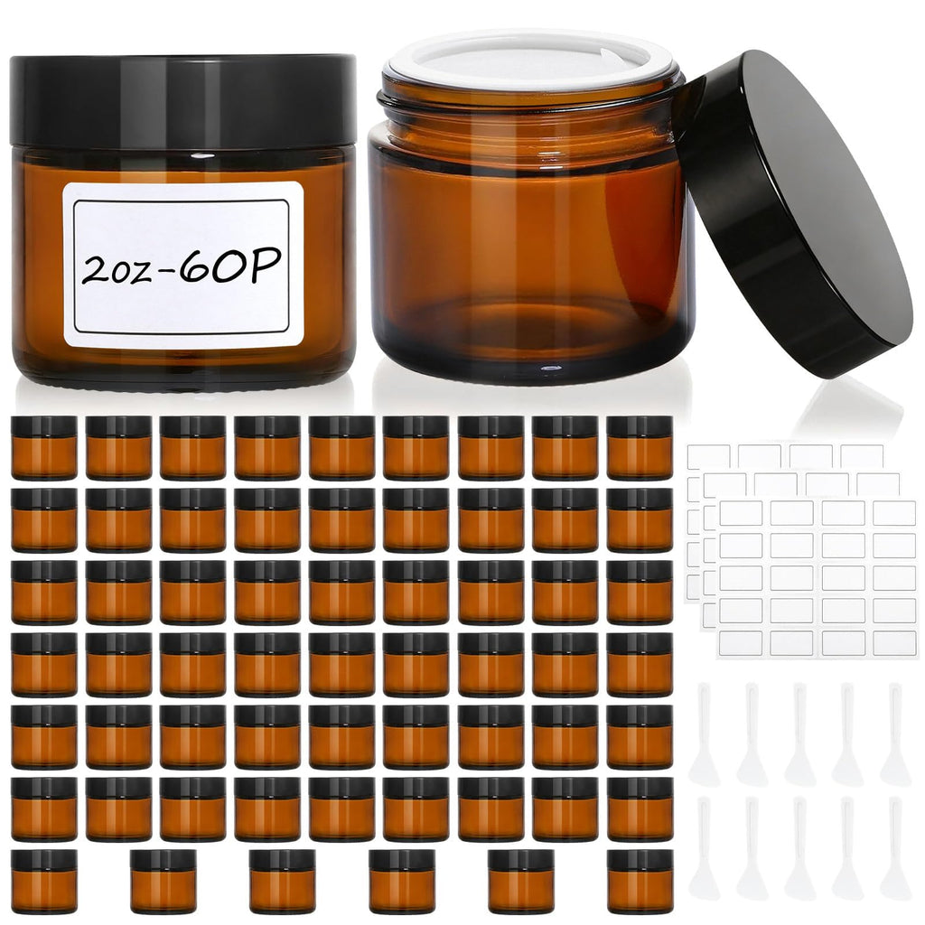 60 Pcs 2 oz Glass Jars with Lids, Amber,with 60 Labels & 10 Spatulas | Glass Jars,Inner Liners,LeakProof, UV-Protective, Round Glass Containers for Essential Oils, Spices, Candle Making, DIY