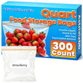 300 Count Quart Food Storage Bags, Reclosable Quart Bags with Double Zipper Seal, Plastic Food Storage Bags for Meat, Vegetables, Fruits, Sandwich，Snack，Stand-Up Bottom