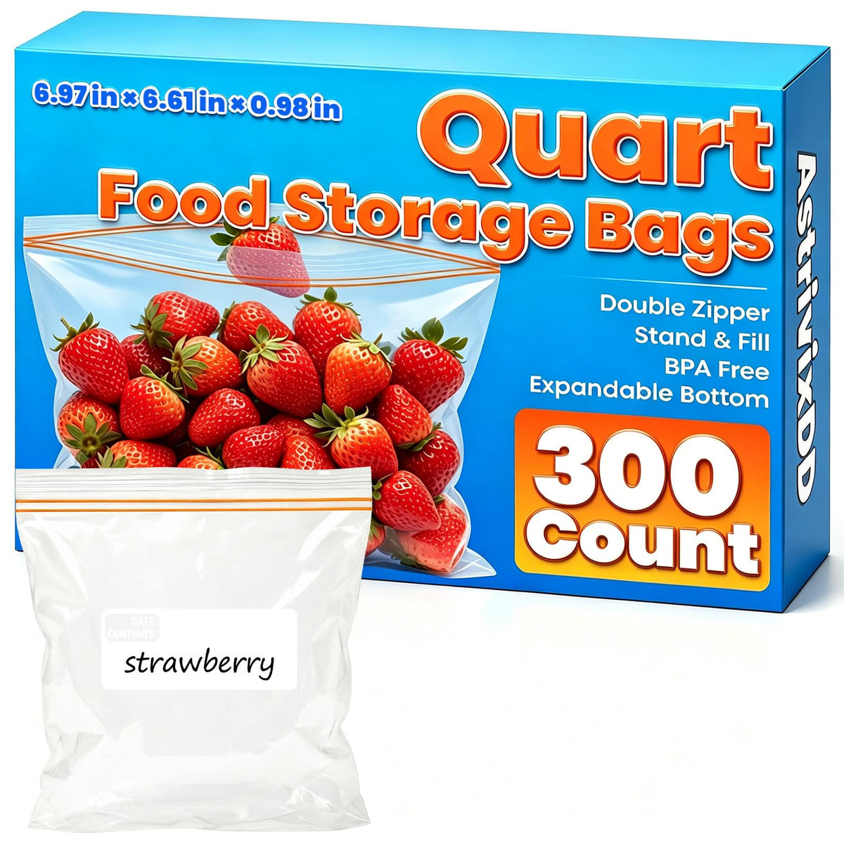 300 Count Quart Food Storage Bags, Reclosable Quart Bags with Double Zipper Seal, Plastic Food Storage Bags for Meat, Vegetables, Fruits, Sandwich，Snack，Stand-Up Bottom