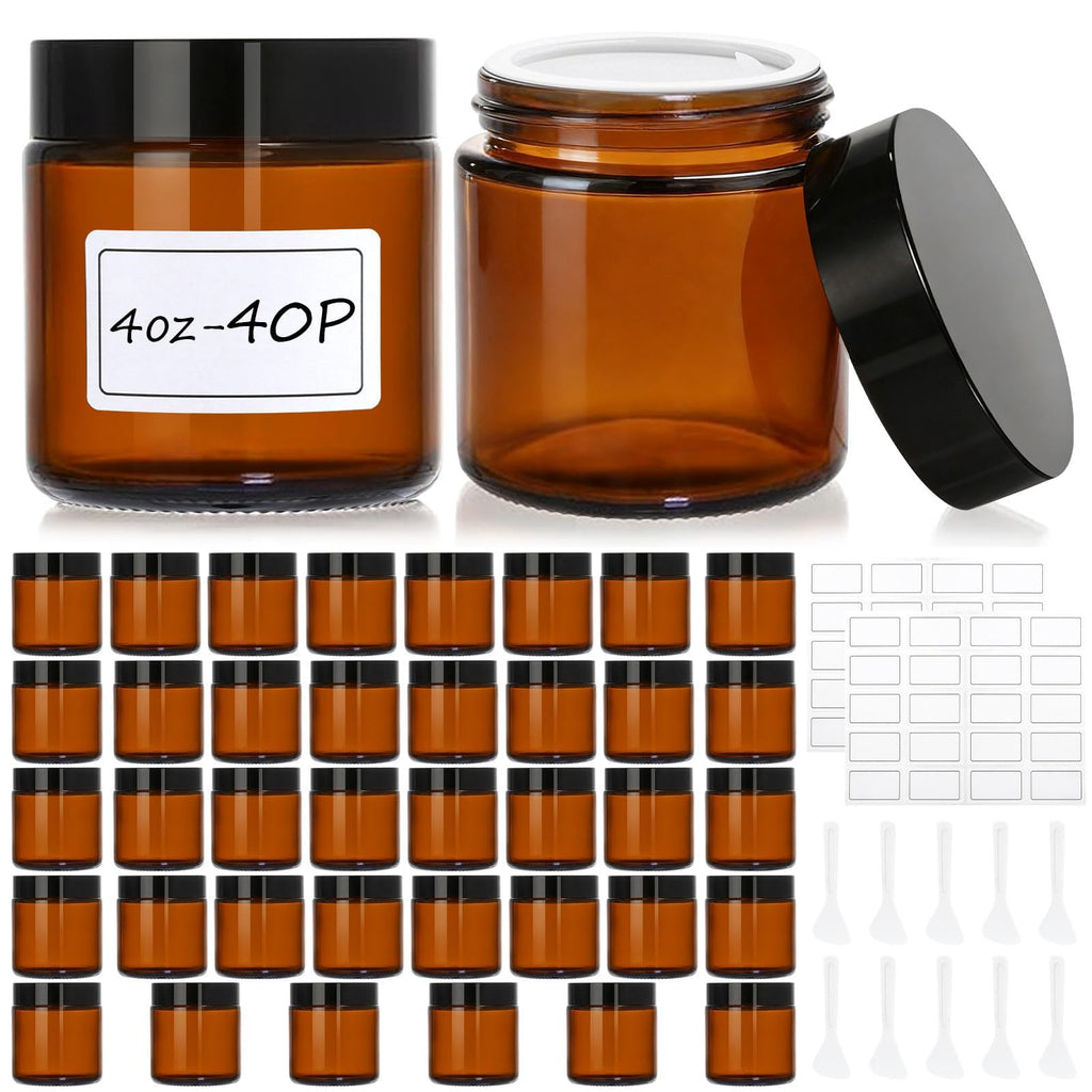 40 Pcs 4 oz Glass Jars with Lids, Amber,with 60 Labels & 10 Spatulas | Glass Jars,Inner Liners,LeakProof, UV-Protective, Round Glass Containers for Essential Oils, Spices, Candle Making, DIY