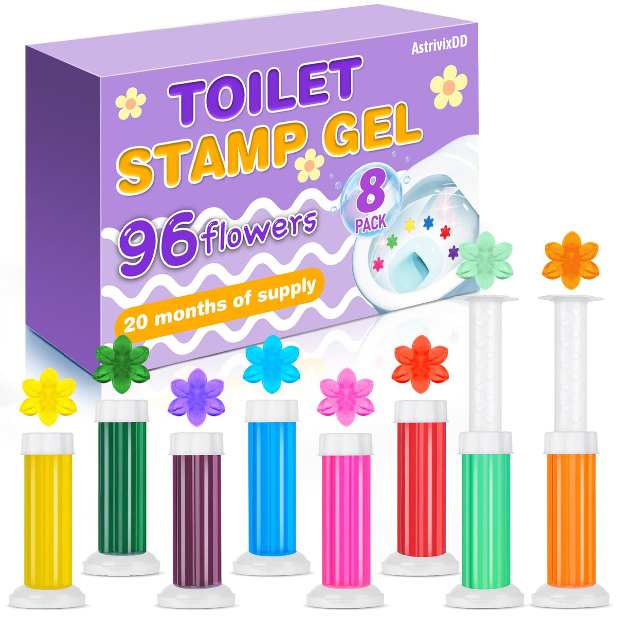 8 Pack Toilet Gel Stamp, 96 Stamps 8 Kinds Of Scent Toilet Bowl Cleaner Gel, Long-Lasting Flowers Shaped Bathroom Freshener, Keeps Toilet Fresh Fragrant and Clean
