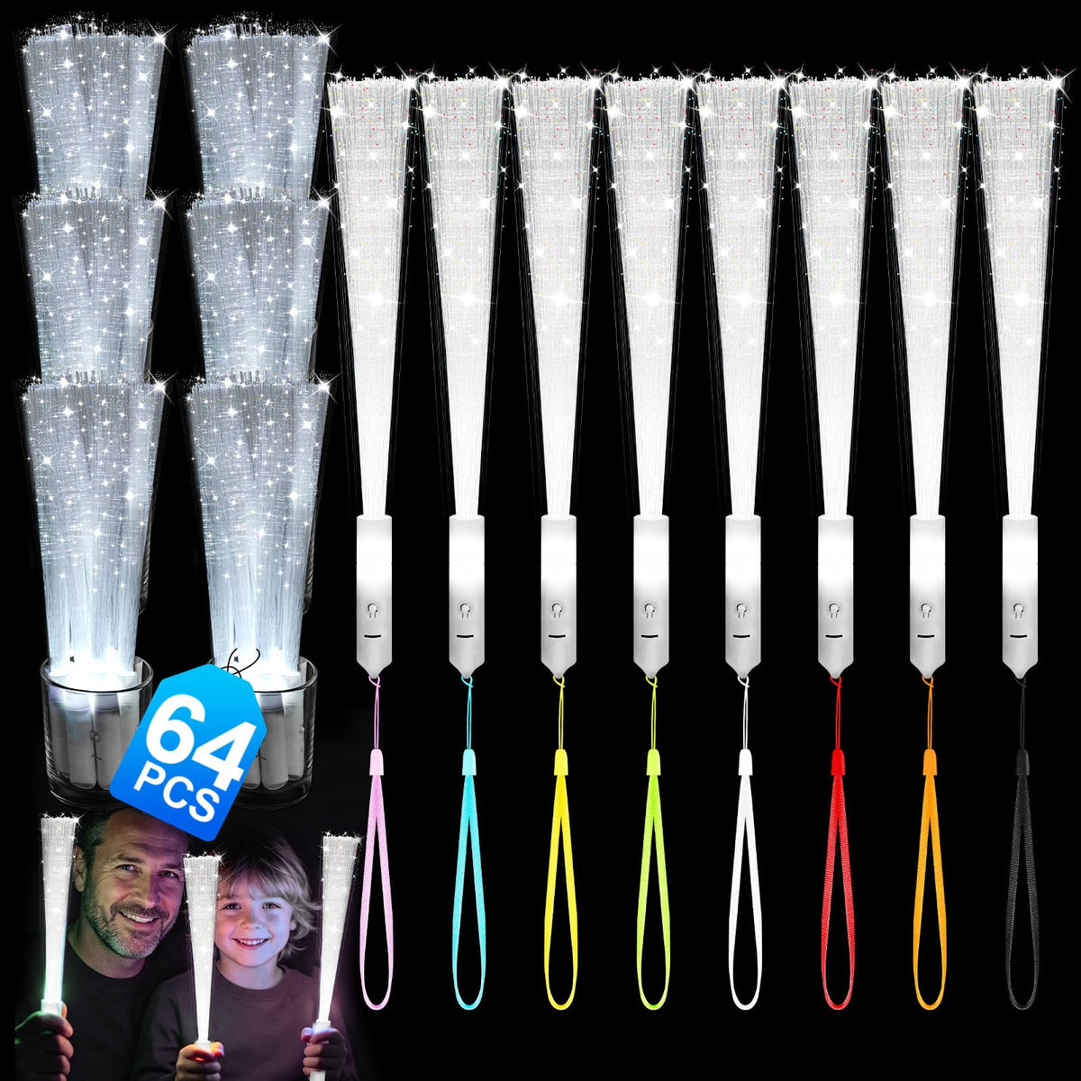 64 Pack White Fiber Optic Wand, Glow in The Dark Party Supplies for Kids Glow Sticks Bulk Party Pack, Light Up Wand for July 4th, Wedding, Halloween, Birthday, New Year, Boys and Girls