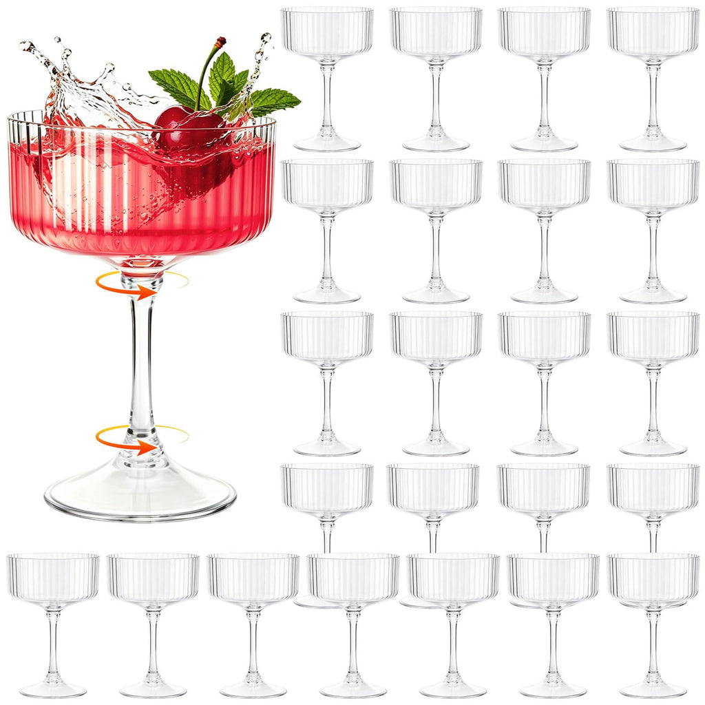 24 Pcs Plastic Martini Glasses Disposable,10oz Ribbed Martini Glasses | Unbreakable, Vintage Coupe Cocktail Glasses Set with Detachable Stem for Wedding Birthday Party Bar Supplies, Clear