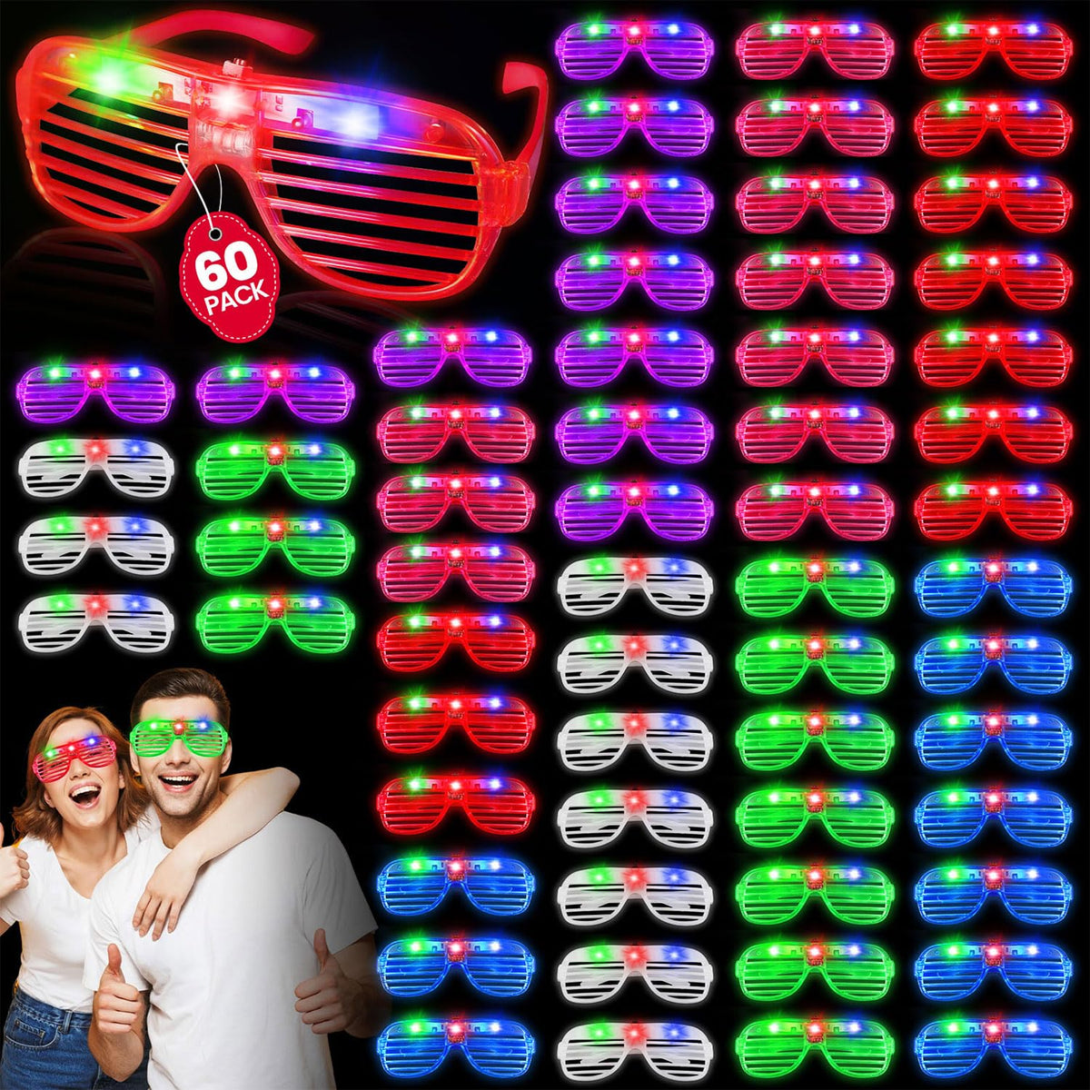 60 Pack LED Glasses, 6 Colors, Glow in The Dark Party Supplies | Party Glasses for Adults, Light Up Glasses, Glow Shutter Glasses, for Valentines Day, New Year's Eve, Birthday