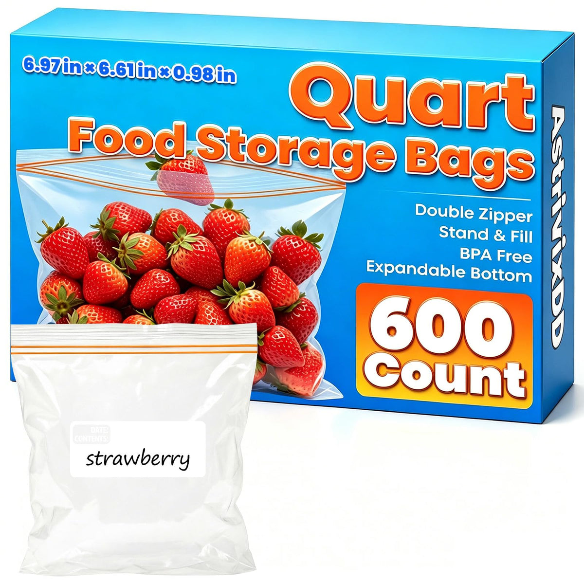 600 Count Quart Food Storage Bags, Reclosable Quart Bags with Double Zipper Seal, Plastic Food Storage Bags for Meat, Vegetables, Fruits, Sandwich，Snack，Stand-Up Bottom