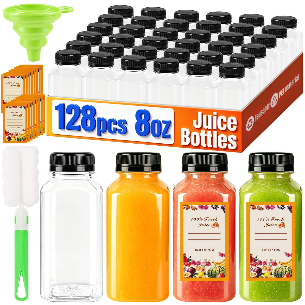 128 Pack 8 oz Reusable Plastic Juice Bottles,Clear Juice Bottles with Caps | Leak Proof Portable Juice Bottles with Caps for Homemade Juice, Tea, Coffee and Daily Travel Storage