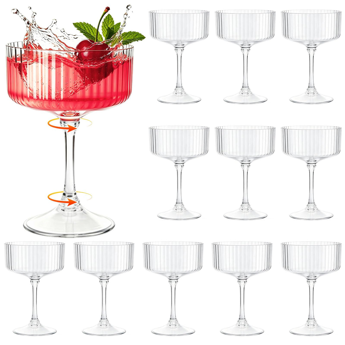12 Pcs Plastic Martini Glasses Disposable,10oz Ribbed Martini Glasses | Unbreakable, Vintage Coupe Cocktail Glasses Set with Detachable Stem for Wedding Birthday Party Bar Supplies, Clear
