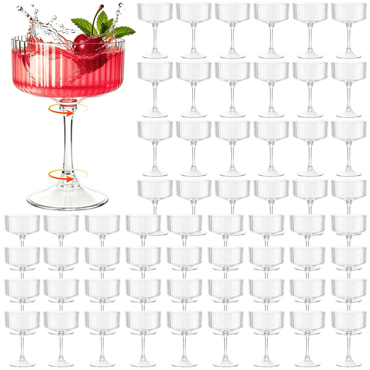 100 Pcs Plastic Martini Glasses Disposable,10oz Ribbed Martini Glasses | Unbreakable, Vintage Coupe Cocktail Glasses Set with Detachable Stem for Wedding Birthday Party Bar Supplies, Clear