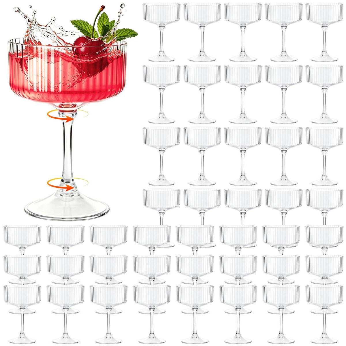 48 Pcs Plastic Martini Glasses Disposable,10oz Ribbed Martini Glasses | Unbreakable, Vintage Coupe Cocktail Glasses Set with Detachable Stem for Wedding Birthday Party Bar Supplies, Clear