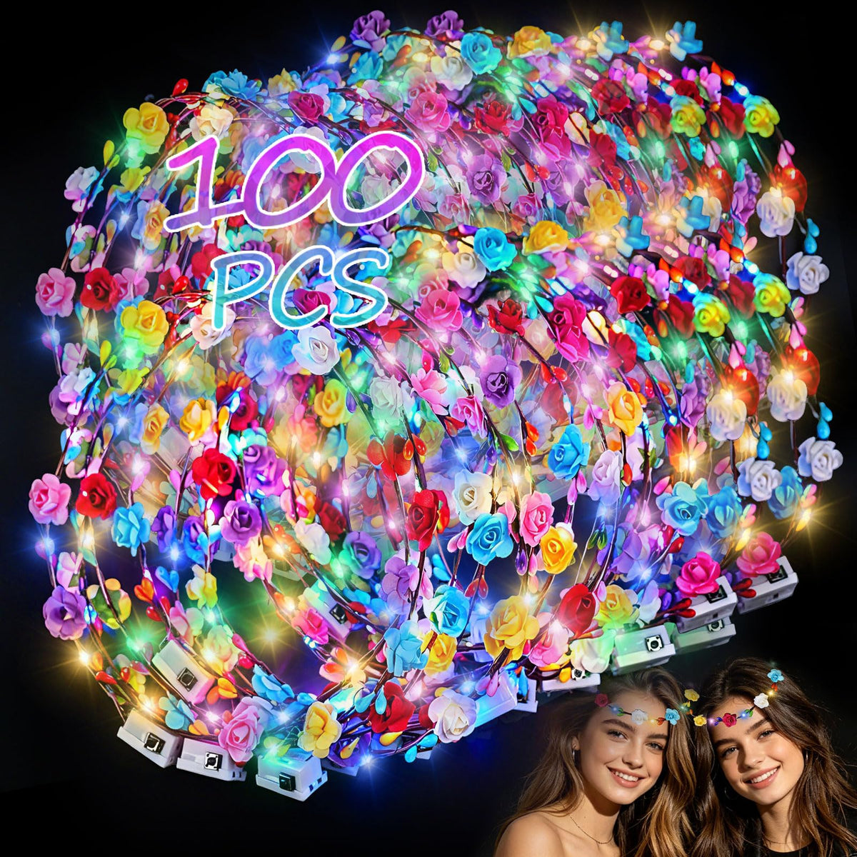 100 PCS LED Flower Crown Headbands,Glow in the Dark Party Supplies | Light Up Headband Bulk for Women for Wedding, Party, Birthday, Christmas, Cosplay and Halloween