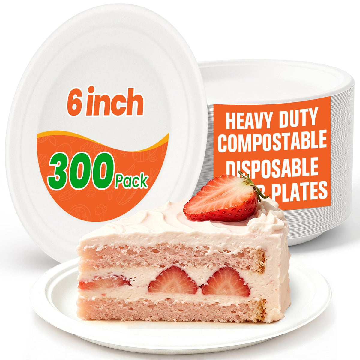 300 Pack Small Paper Plates 6 Inch, 100% Compostable Heavy Duty Dessert Plates, Unbleached Biodegradable Disposable Plate Made from Bagasse and Bamboo Fiber, for Party, Picnic & Daily Use-White