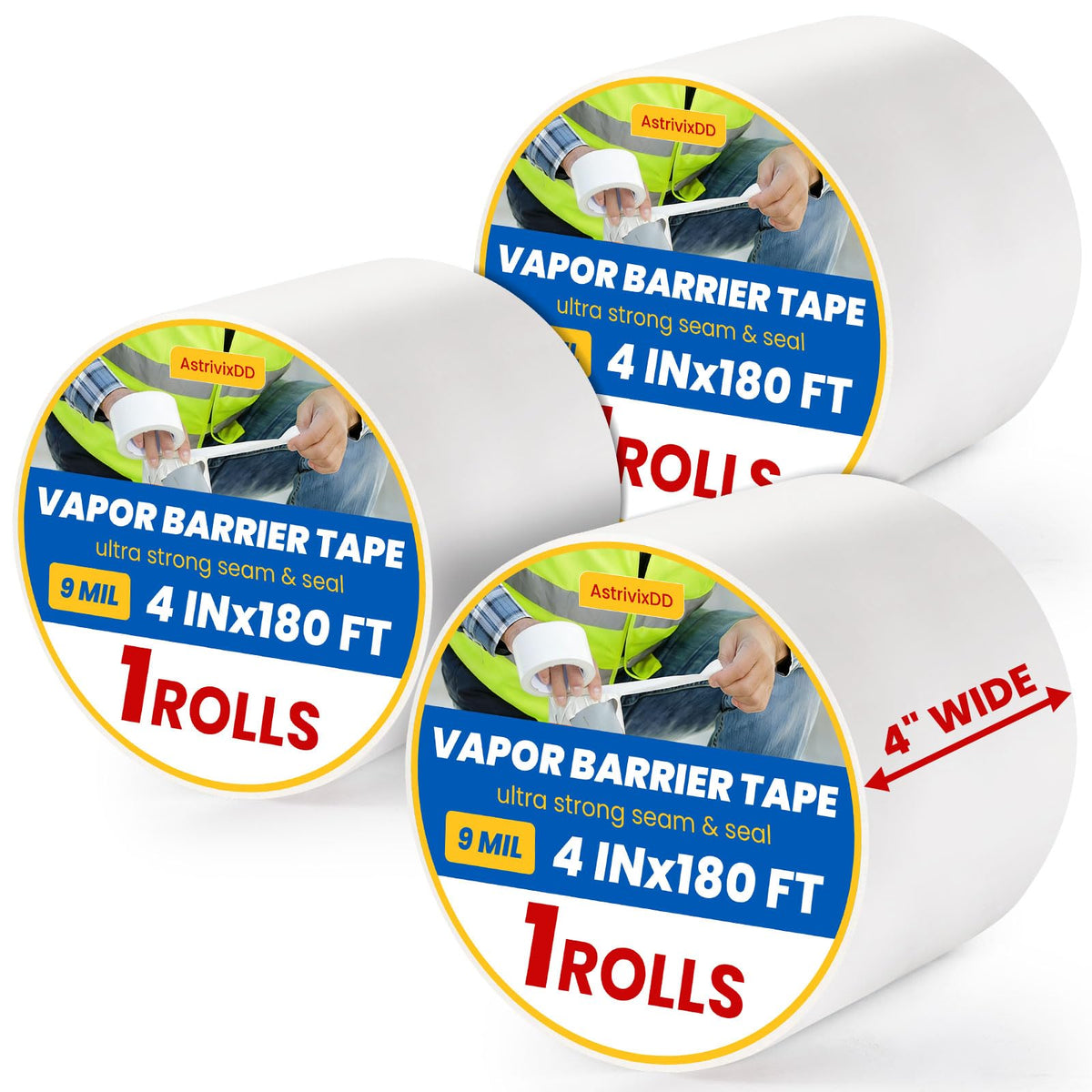 3 Rolls Vapor Barrier Tape,4" x 180 ft,Waterproof Seam Tape for Insulation | White Moisture Barrier Tape for Crawl Spaces, Polyethylene Tape for Underlayment, Plastic Liners