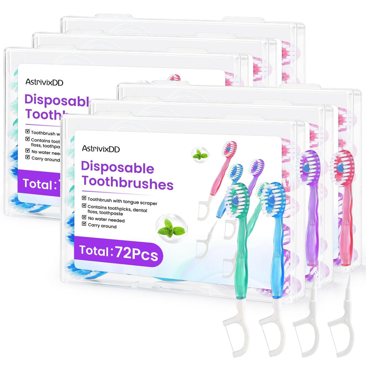 72 Pack 5-in-1 Mini Toothbrush Disposable, Prepasted Toothbrushes | Waterless Disposable Toothbrushes with Toothpaste, Floss, Tongue Scraper & Toothpick, for Travel, Hotel, Camping