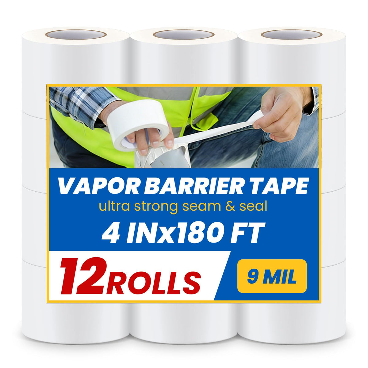 12 Rolls Vapor Barrier Tape,4" x 180 ft,Waterproof Seam Tape for Insulation | White Moisture Barrier Tape for Crawl Spaces, Polyethylene Tape for Underlayment, Plastic Liners