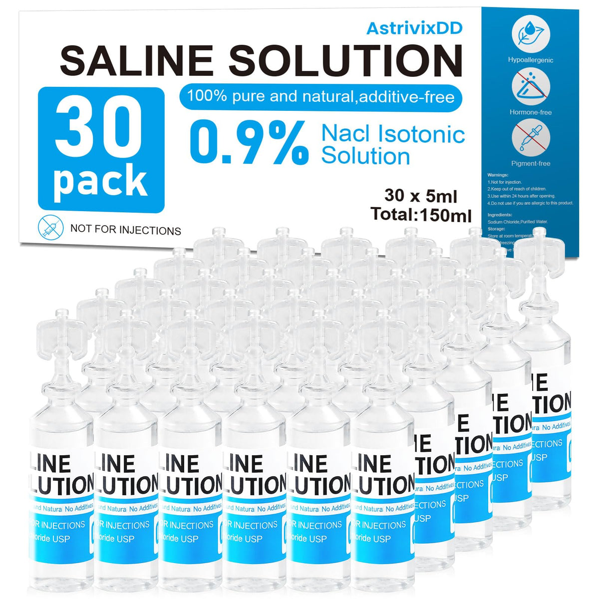 30 Pack 0.9% Saline Solution, Normal Solution for All Ages, Total 150ml | Sodium Chloride, 5ml Each, Single Use