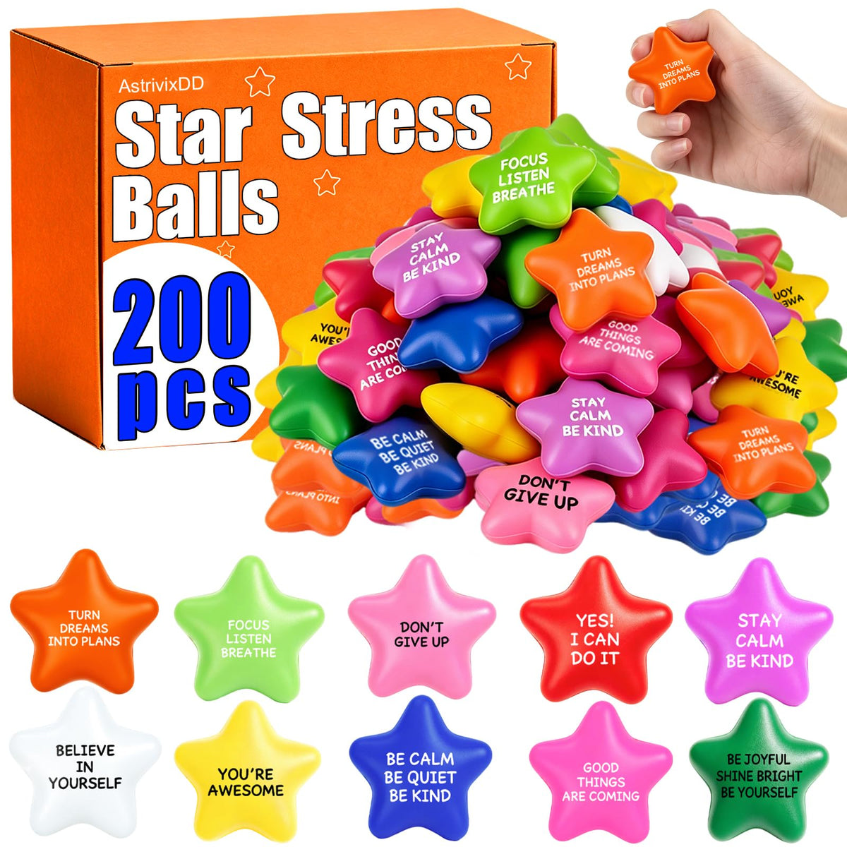 200 Pack Star Stress Balls Bulk, Foam Fidget Toys with Motivational Quotes | Anxiety and Anger Relief Mini Squeeze Toys for Adults, Kids, Work, School and Party Favors, Multi-Color