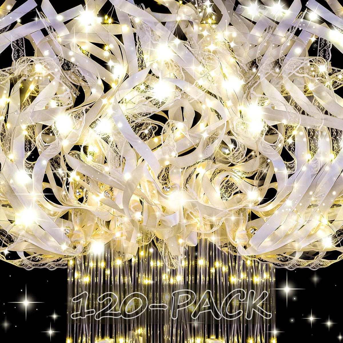120PCS Light Up Wands, LED Wedding Wands，Sparklers Wedding Send Off 3 Flashing Modes, Fairy Wand Ribbon Streamers with Bells for Wedding Favors, Party, New Year, Concert, Warm White