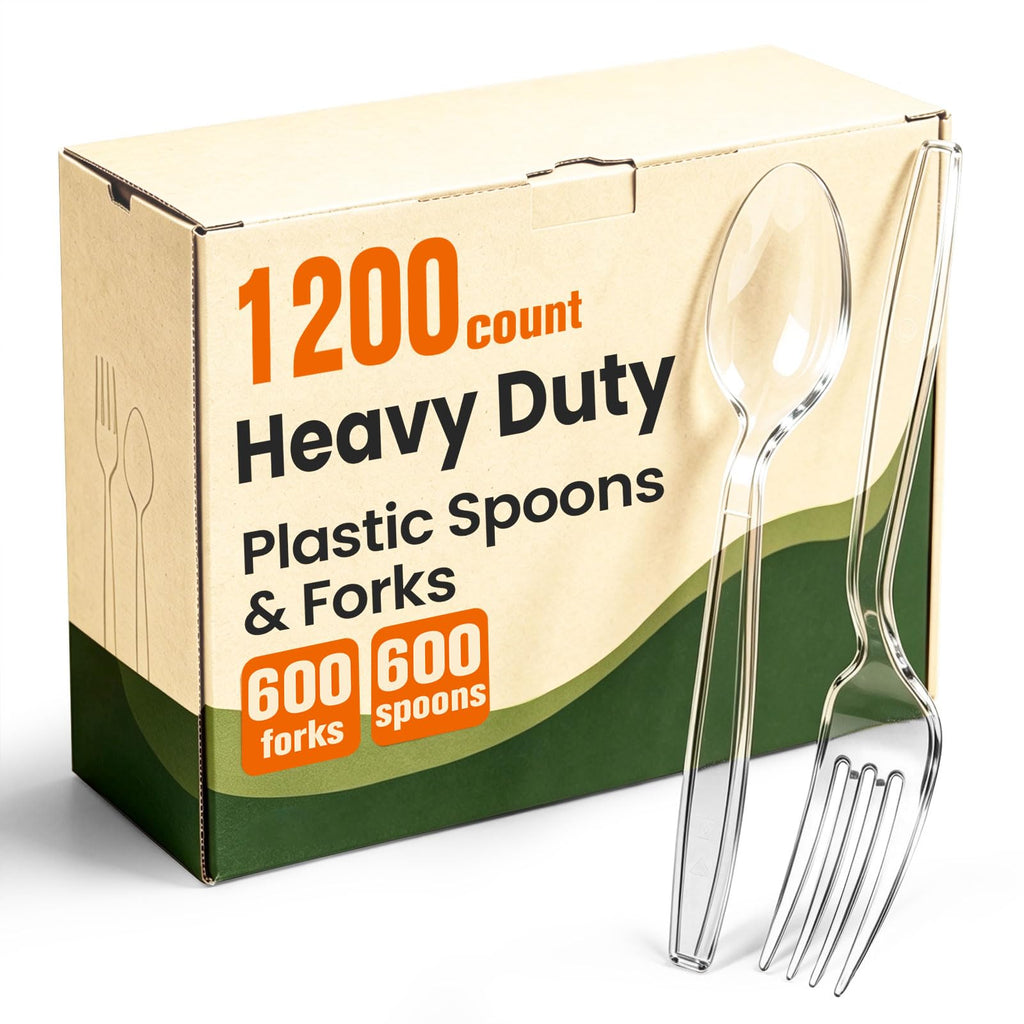 1200 Count Plastic Silverware Heavy Duty, 600 Spoons & 600 Forks, BPA-Free | Heat Resistant Clear Plastic Forks & Spoons, Disposable Cutlery Set for Catering, Events, Daily Use
