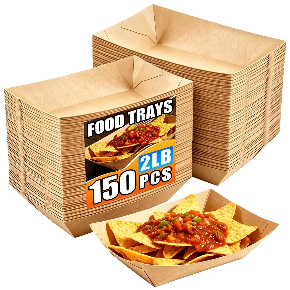 150 Pack 2LB Paper Food Trays, Heavy-Duty Disposable Kraft Paper Food Boats,Serving Basket Tray for Fries Nachos Snacks Hot Dog Taco Popcorn, Food Holder Trays for BBQ Party Picnic Wedding