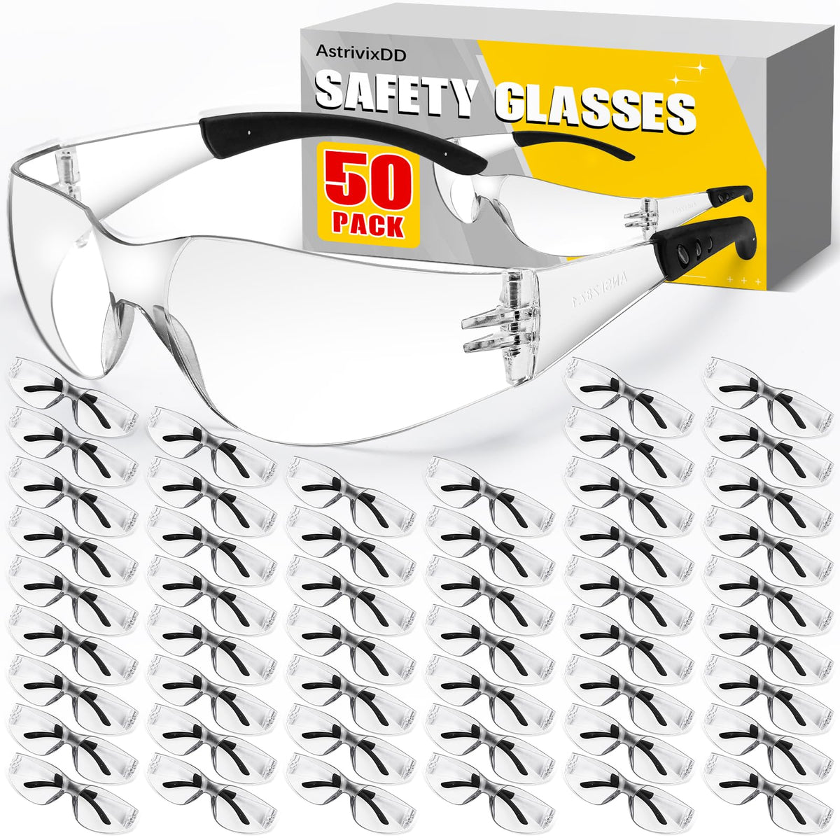 50 Pack Clear Safety Glasses for Men Women,Scratch & Impact Resistant | Safety Glasses Bulk,Clear Eye Protection Glasses with Wrap-Around Lenses for Work, Lab, Construction, Lightweight