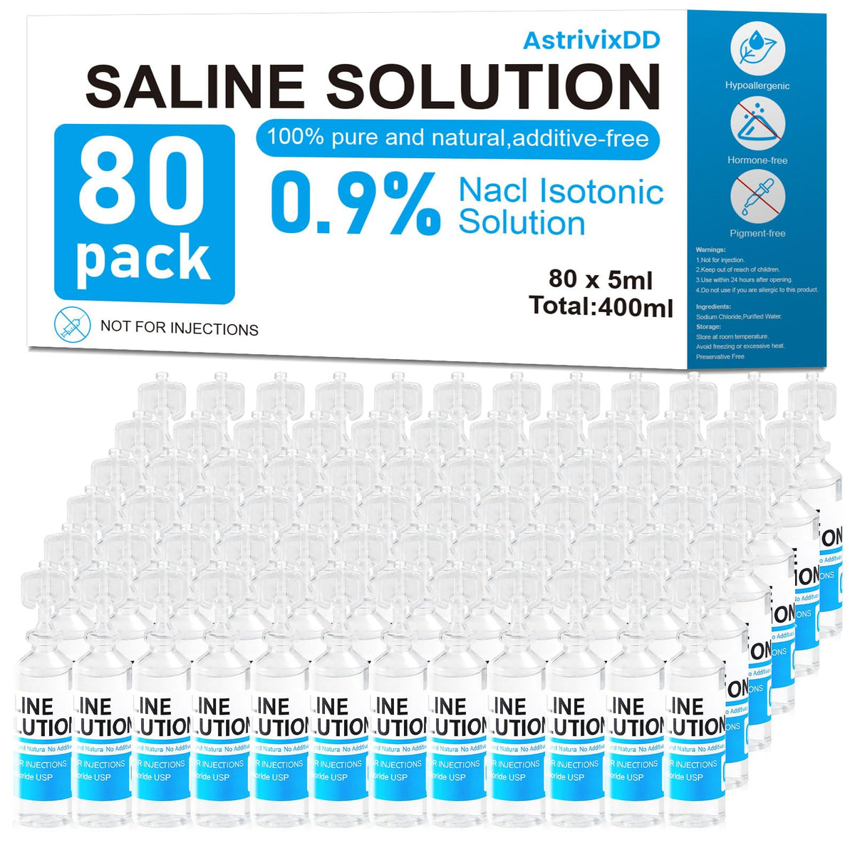 80 Pack 0.9% Saline Solution, Normal Solution for All Ages, Total 400ml | Sodium Chloride, 5ml Each, Single Use
