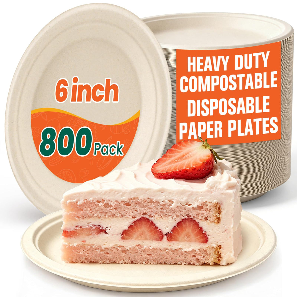800 Pack Small Paper Plates 6 Inch, 100% Compostable Heavy Duty Dessert Plates, Unbleached Brown Biodegradable Disposable Plate Made from Bagasse and Bamboo Fiber, for Party, Picnic & Daily Use