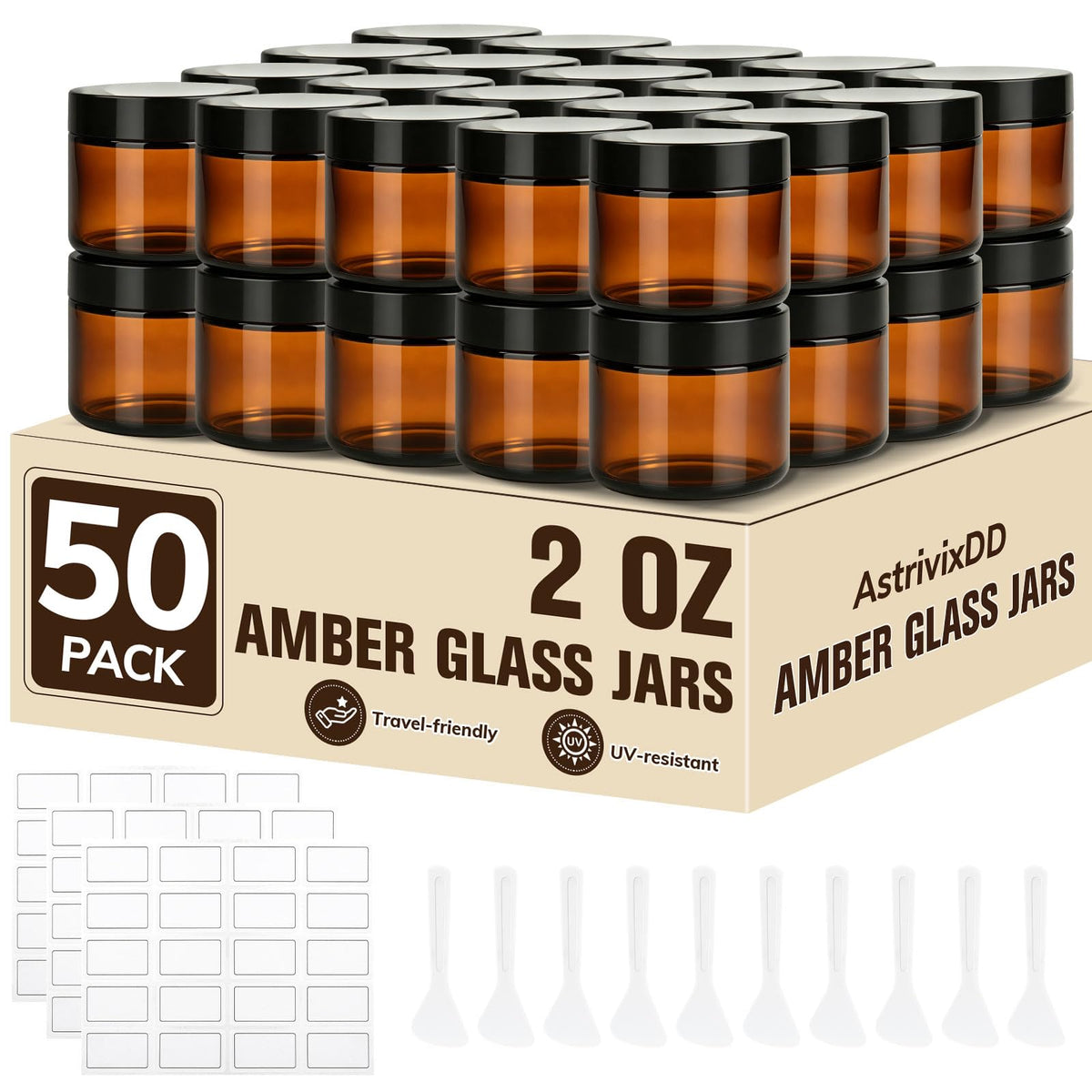 50 Pcs 2 oz Glass Jars with Lids,Amber,with 40 Labels & 10 Spatulas | Glass Jars,Inner Liners, LeakProof, UV-Protective,Round Glass Containers for Essential Oils, Spices, Candle Making,DIY