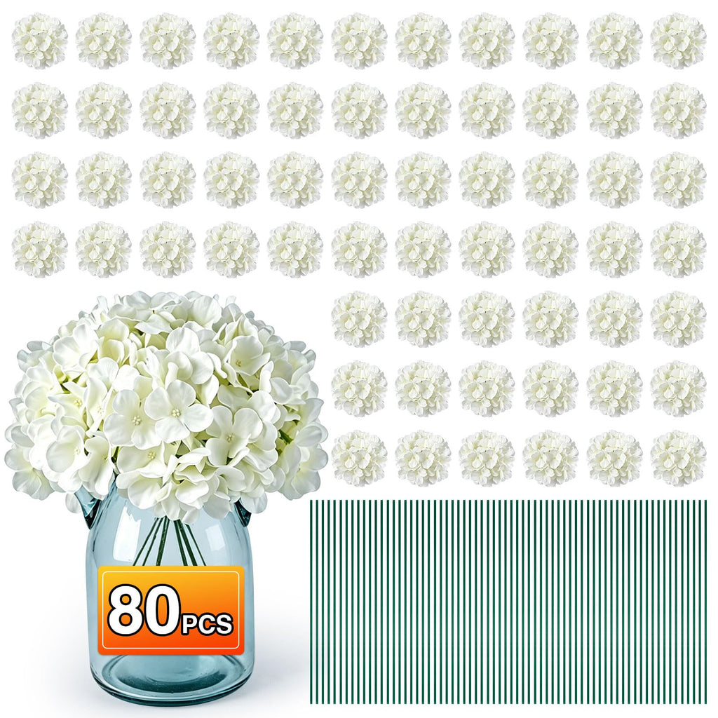 80PCS White Hydrangea Artificial Flowers, Faux Hydrangeas Fake Flowers | Bulk Fake Flower Heads with Stems, Easy to Assemble, Artificial Flowers for Wedding, Centerpieces, Home, Party(No Vase)