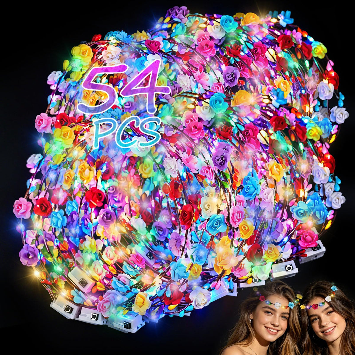 54 PCS LED Flower Crown Headbands,Glow in the Dark Party Supplies | Light Up Headband Bulk for Women for Wedding, Party, Birthday, Christmas, Cosplay and Halloween