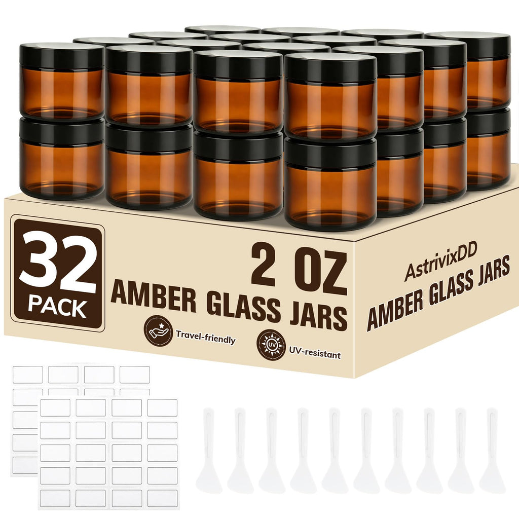 32 Pcs 2 oz Glass Jars with Lids,Amber,with 40 Labels & 10 Spatulas | Glass Jars,Inner Liners, LeakProof, UV-Protective,Round Glass Containers for Essential Oils, Spices, Candle Making,DIY