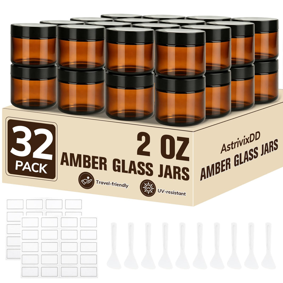 32 Pcs 2 oz Glass Jars with Lids,Amber,with 40 Labels & 10 Spatulas | Glass Jars,Inner Liners, LeakProof, UV-Protective,Round Glass Containers for Essential Oils, Spices, Candle Making,DIY