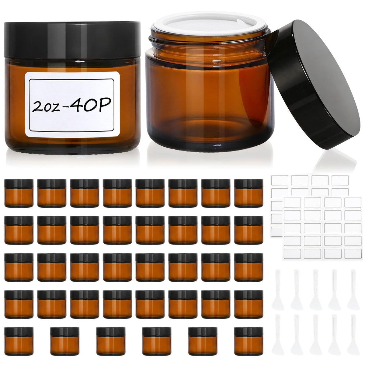 40 Pcs 2 oz Glass Jars with Lids, Amber,with 60 Labels & 10 Spatulas | Glass Jars,Inner Liners,LeakProof, UV-Protective, Round Glass Containers for Essential Oils, Spices, Candle Making, DIY
