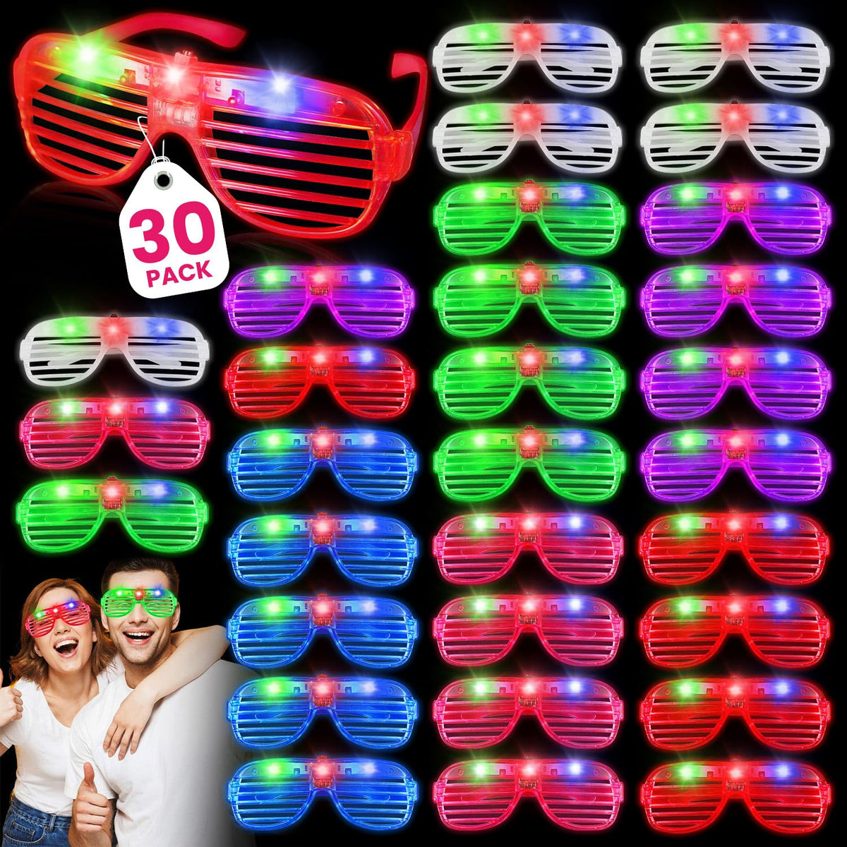 30 Pack LED Glasses, 6 Colors, Glow in The Dark Party Supplies | Party Glasses for Adults, Light Up Glasses, Glow Shutter Glasses, for Valentines Day, New Year's Eve, Birthday