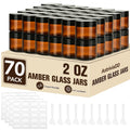 70 Pcs 2 oz Glass Jars with Lids,Amber,with 40 Labels & 10 Spatulas | Glass Jars,Inner Liners, LeakProof, UV-Protective,Round Glass Containers for Essential Oils, Spices, Candle Making,DIY