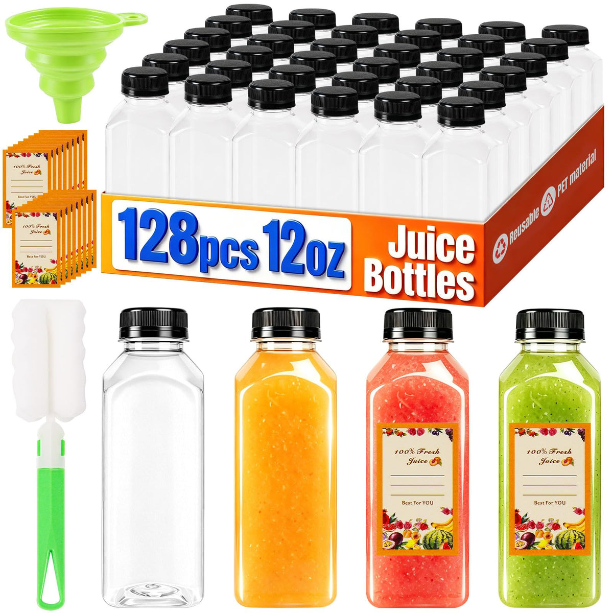 128 Pack 12 oz Reusable Plastic Juice Bottles,Clear Juice Bottles with Caps | Leak Proof Portable Juice Bottles with Caps for Homemade Juice, Tea, Coffee and Daily Travel Storage