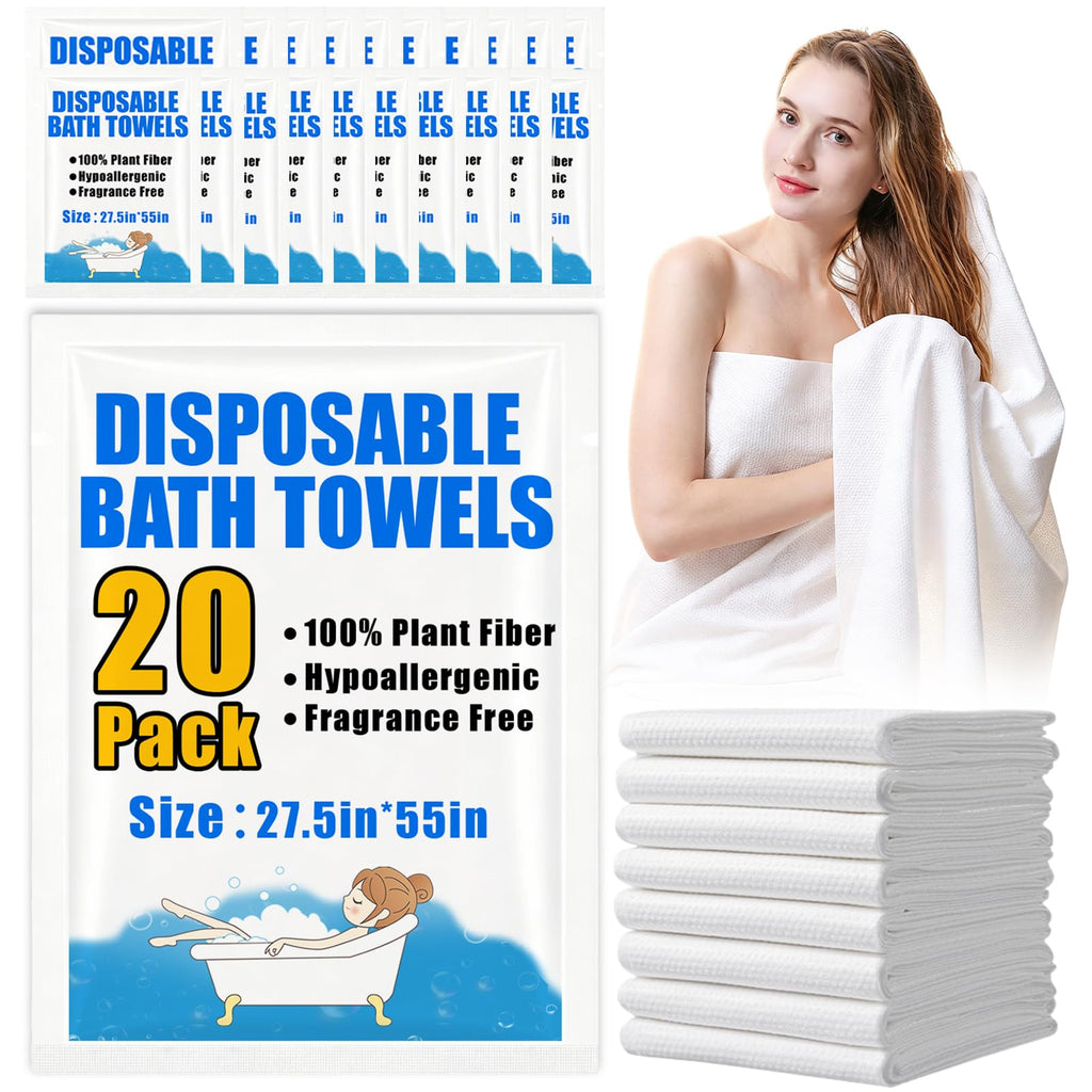 20 Pack Disposable Bath Towels 55''X27.5'', Ultra Soft Travel Towels | Individually Wrapped Large Absorbent Towels for Hotel, Business Trip, Camping, Swimming, Spa, Sauna and Pet Care