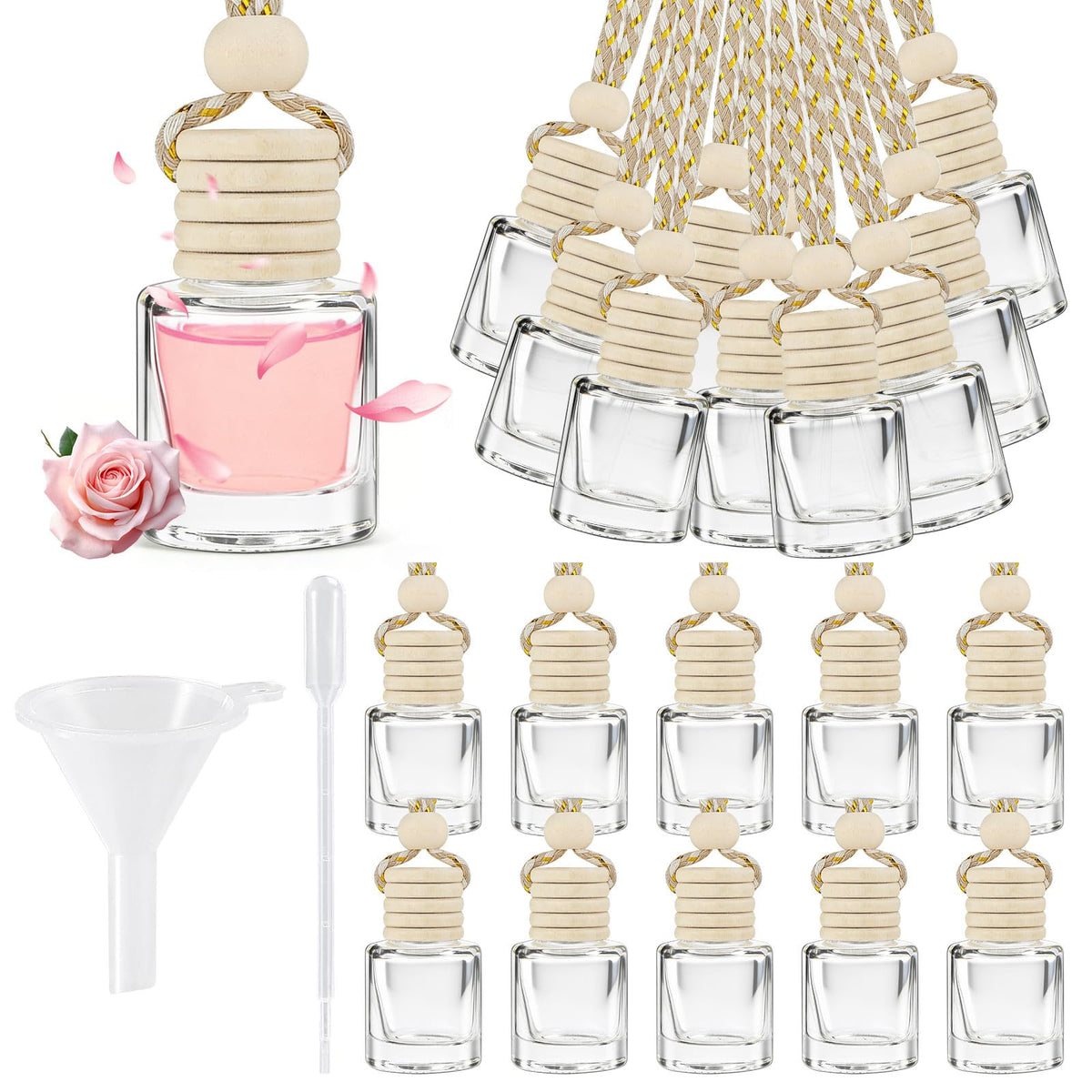 20 Pcs Car Diffuser Bottle Set,Empty Glass Car Air Freshener Bottle Bulk | Hanging Essential Oil Fragrance Pendants with Wooden Caps for Car Decor,Dropper and Funnel, Can DIY Air Freshners Diffuser